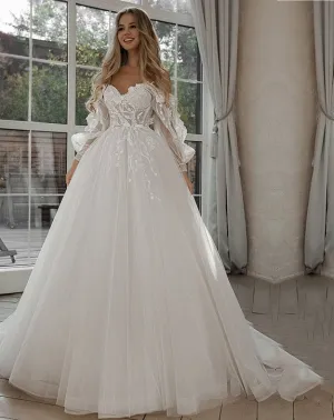 Wedding Dresses Puff Sleeve Appliques Lace 3D Flowers off Shoulder