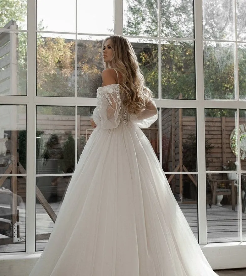 Wedding Dresses Puff Sleeve Appliques Lace 3D Flowers off Shoulder