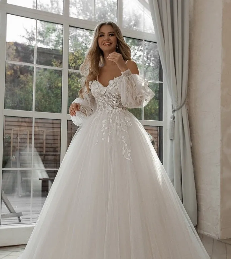 Wedding Dresses Puff Sleeve Appliques Lace 3D Flowers off Shoulder