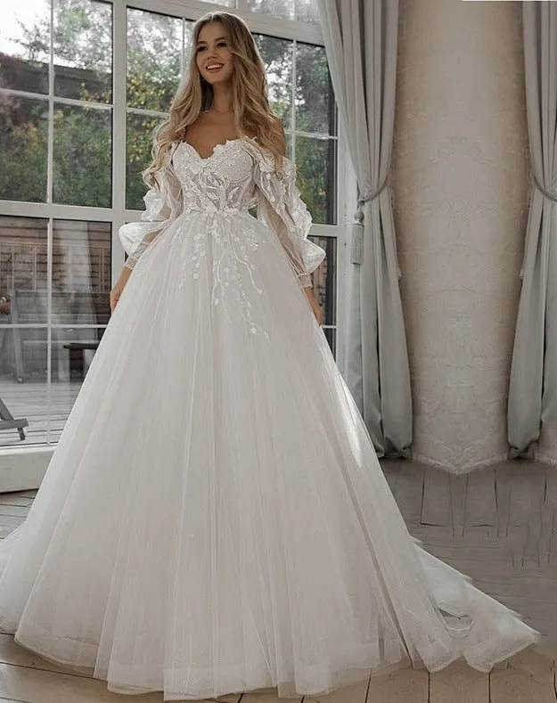 Wedding Dresses Puff Sleeve Appliques Lace 3D Flowers off Shoulder