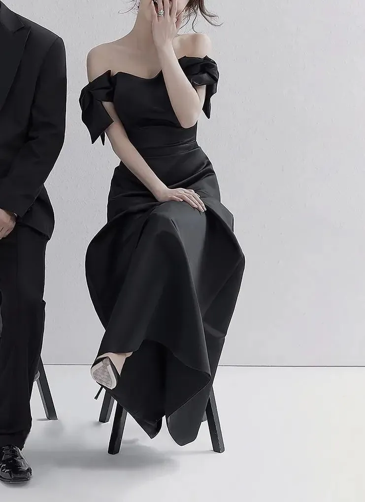 Wedding Dresses Satin Black Evening Dress Elegant Floor-length A Line