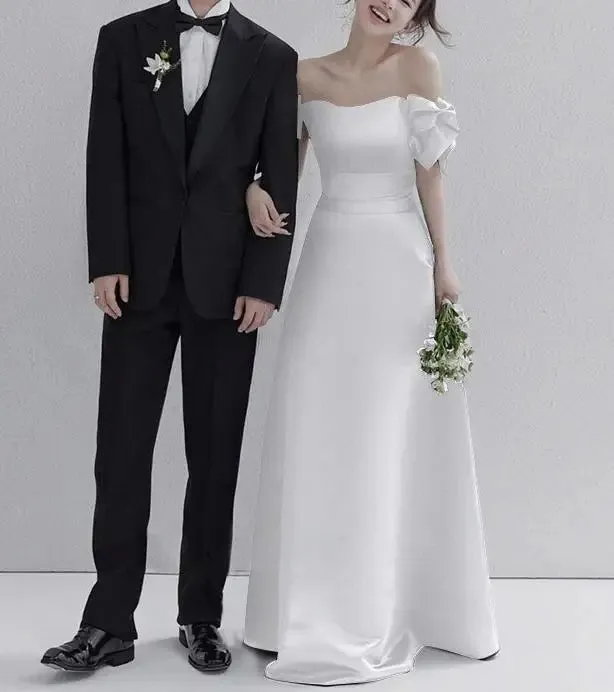 Wedding Dresses Satin Black Evening Dress Elegant Floor-length A Line