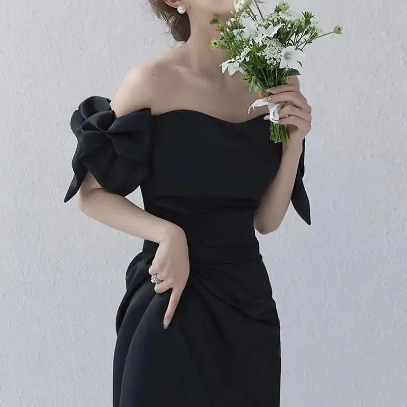 Wedding Dresses Satin Black Evening Dress Elegant Floor-length A Line