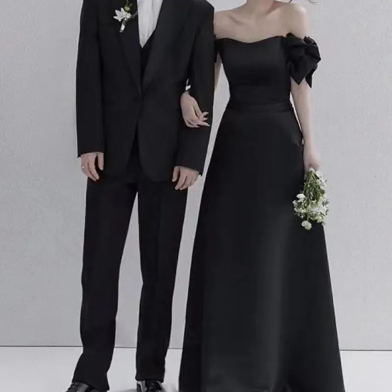 Wedding Dresses Satin Black Evening Dress Elegant Floor-length A Line