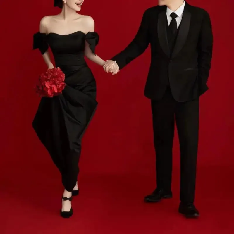 Wedding Dresses Satin Black Evening Dress Elegant Floor-length A Line