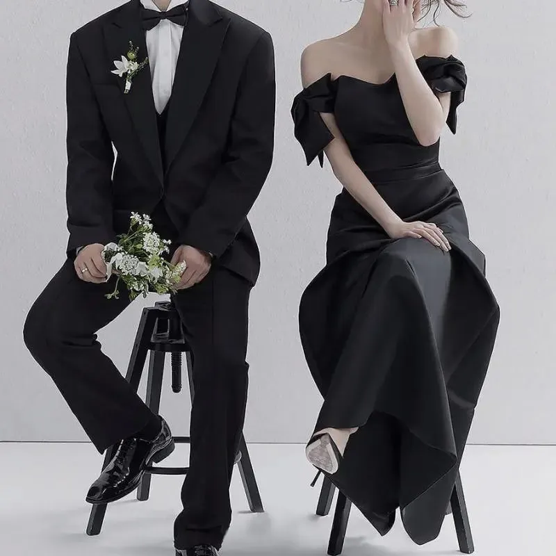 Wedding Dresses Satin Black Evening Dress Elegant Floor-length A Line