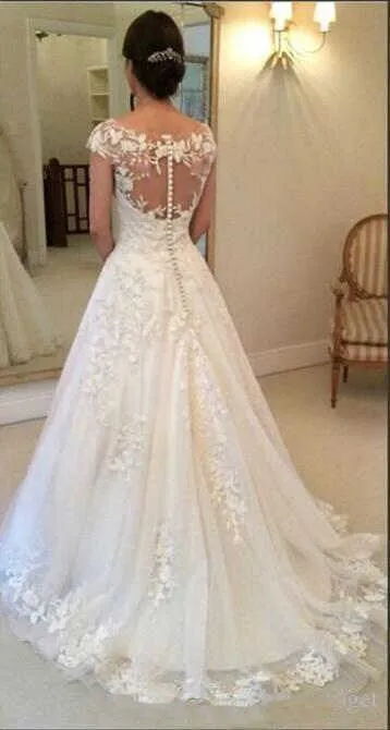 Wedding Dresses Sheer Back Cap Sleeves Vintage Lace Bride Gown