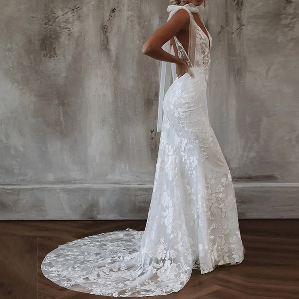 Wedding Dresses Spaghetti Straps With Bow Sleeveless Backless Beach Boho Bridal Gown