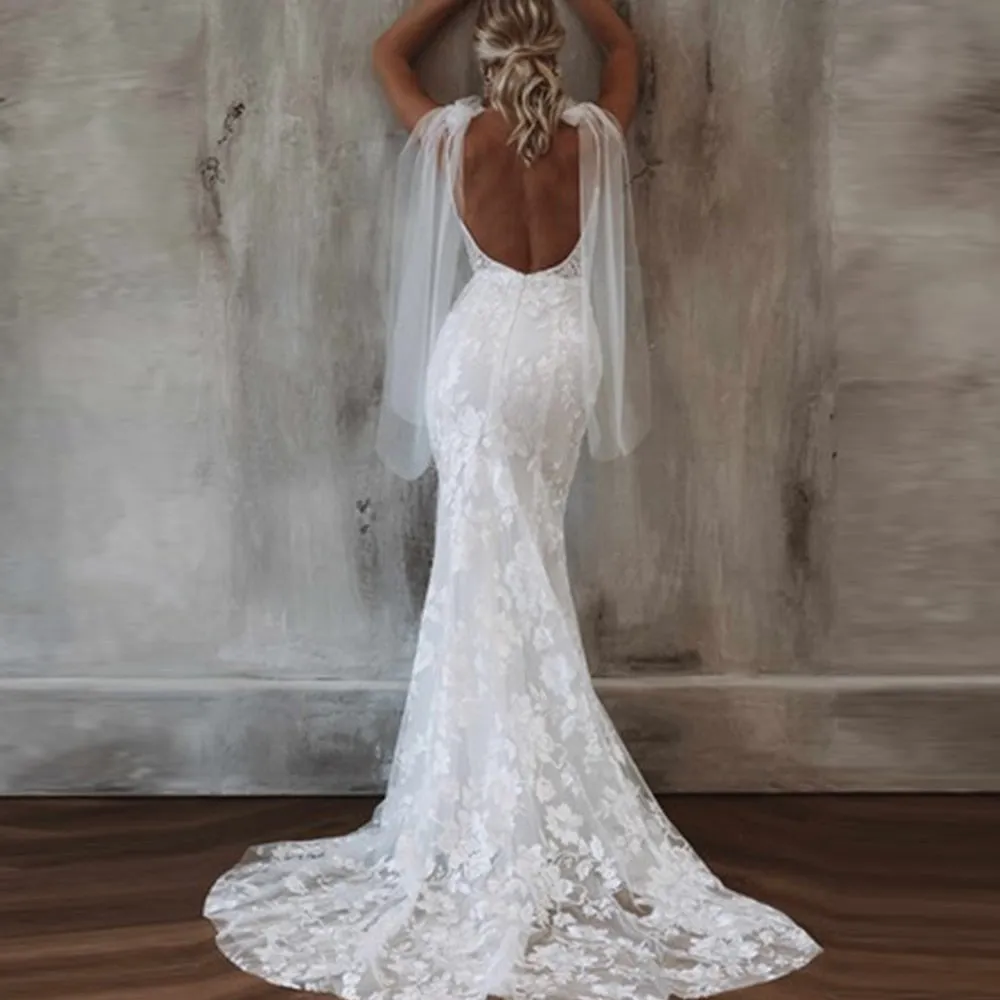 Wedding Dresses Spaghetti Straps With Bow Sleeveless Backless Beach Boho Bridal Gown