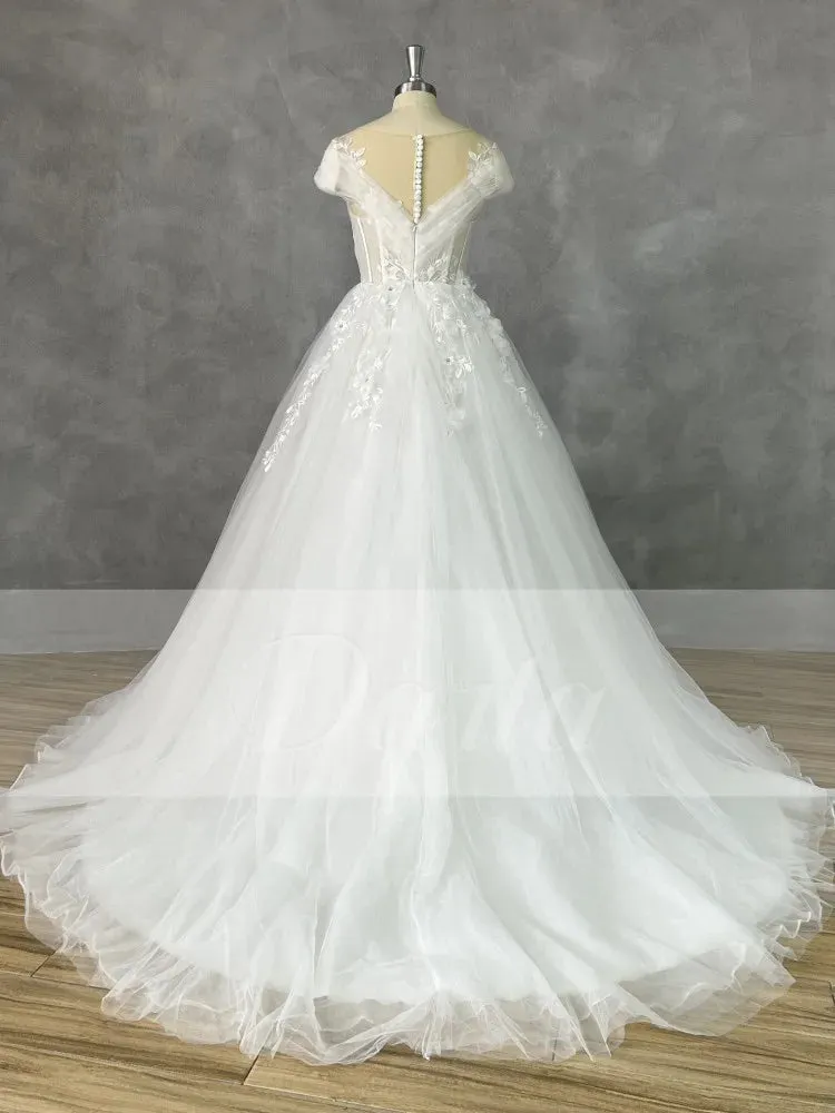 Wedding Guest Dresses: A Line Cap Sleeve 3D Appliques Boho Bridal Gowns