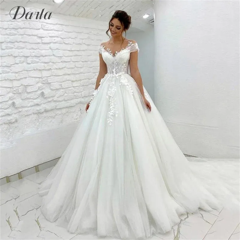 Wedding Guest Dresses: A Line Cap Sleeve 3D Appliques Boho Bridal Gowns