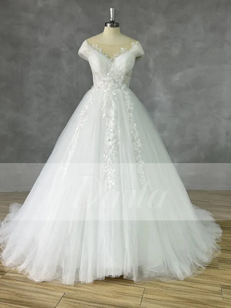 Wedding Guest Dresses: A Line Cap Sleeve 3D Appliques Boho Bridal Gowns