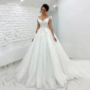 Wedding Guest Dresses: A Line Cap Sleeve 3D Appliques Boho Bridal Gowns