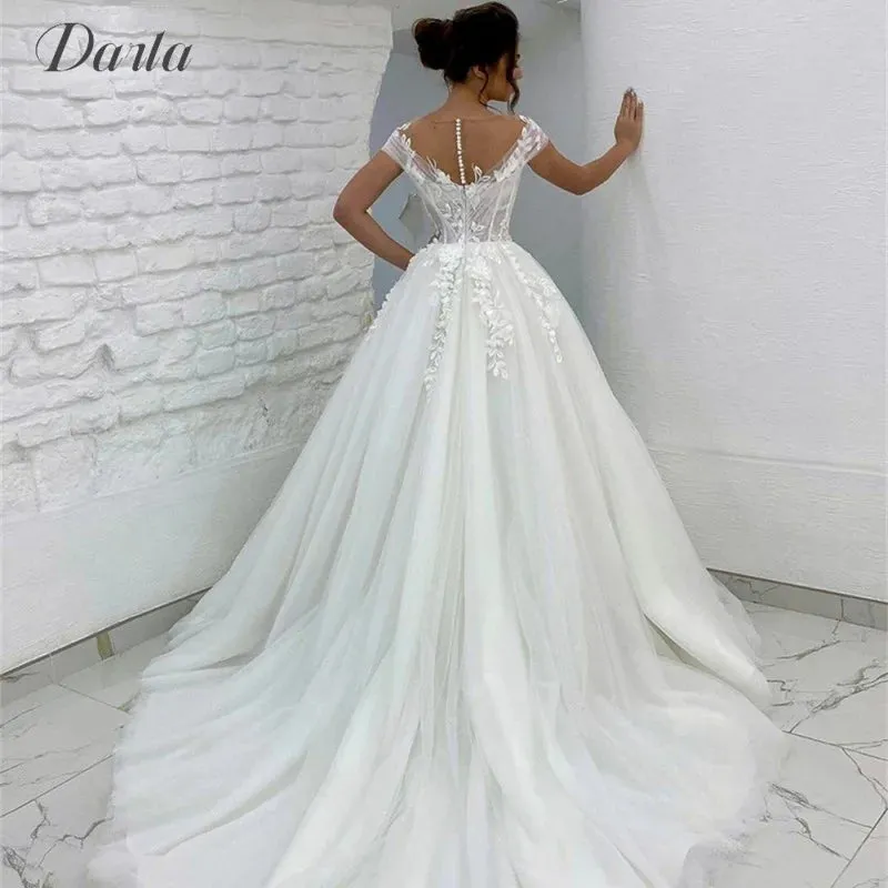 Wedding Guest Dresses: A Line Cap Sleeve 3D Appliques Boho Bridal Gowns