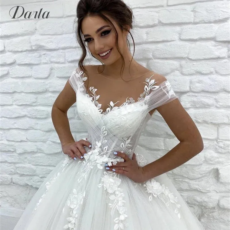 Wedding Guest Dresses: A Line Cap Sleeve 3D Appliques Boho Bridal Gowns