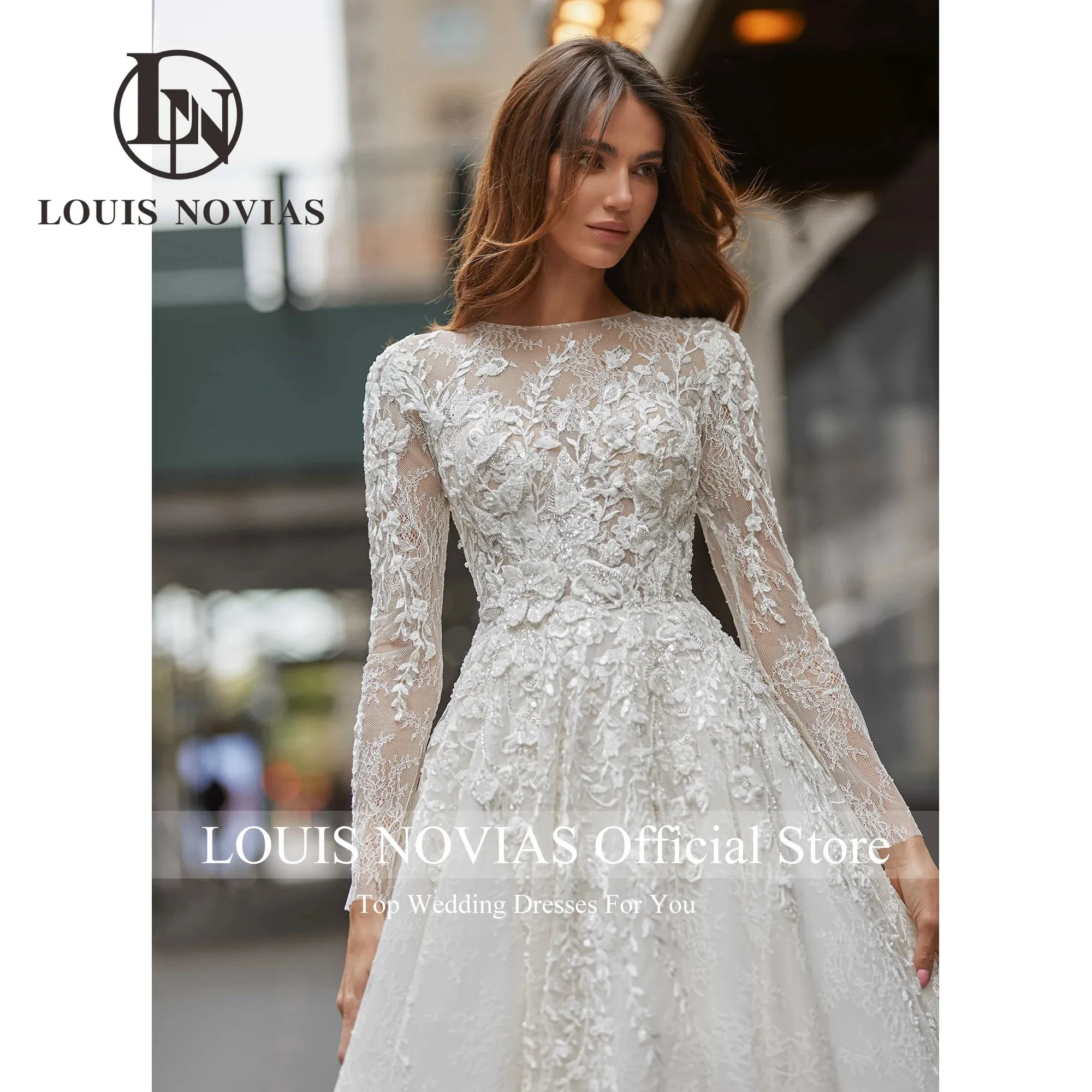 Wedding Guest Dresses: A-Line Long Sleeve Wedding Dresses Sequined Illusion Beading