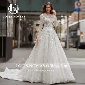 Wedding Guest Dresses: A-Line Long Sleeve Wedding Dresses Sequined Illusion Beading