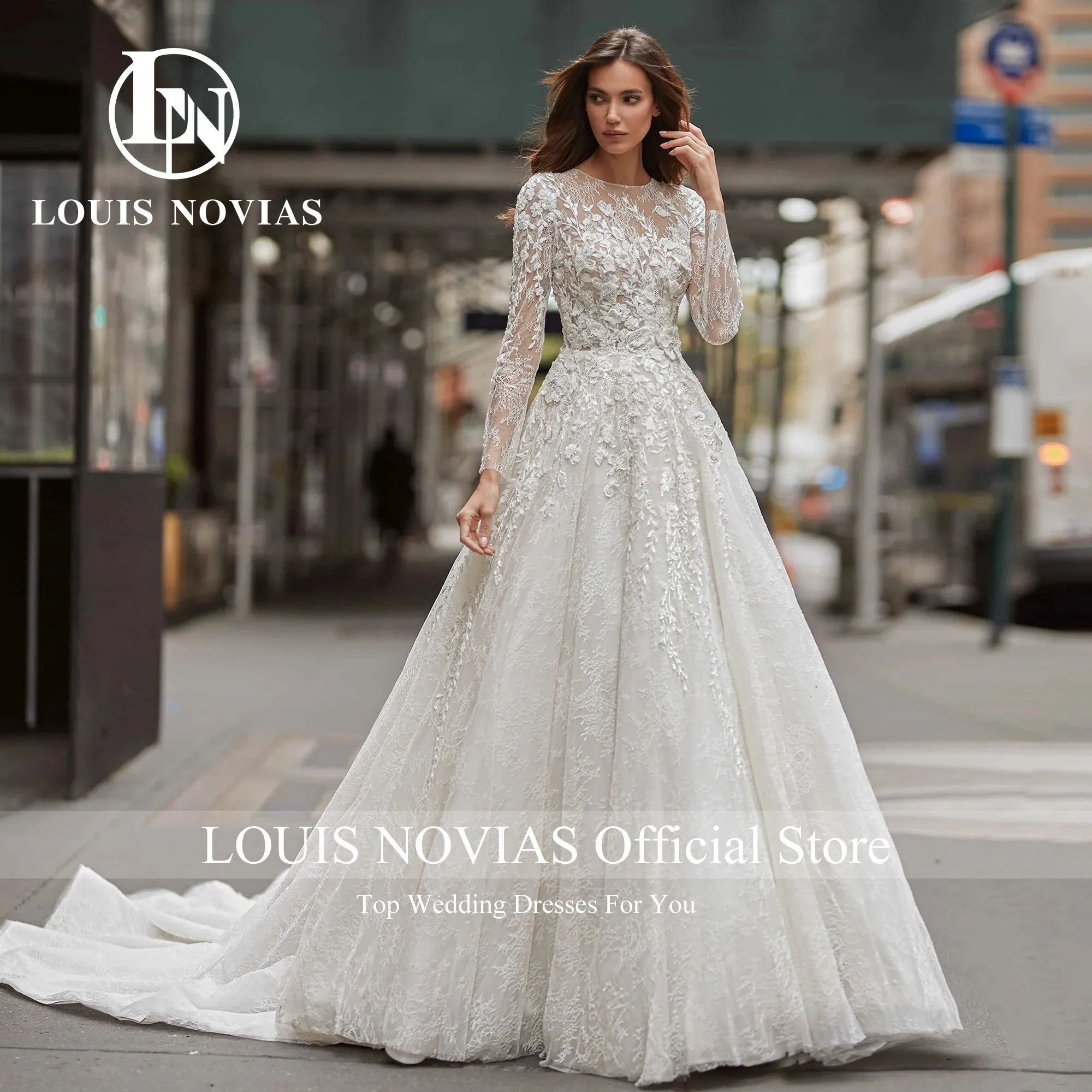 Wedding Guest Dresses: A-Line Long Sleeve Wedding Dresses Sequined Illusion Beading