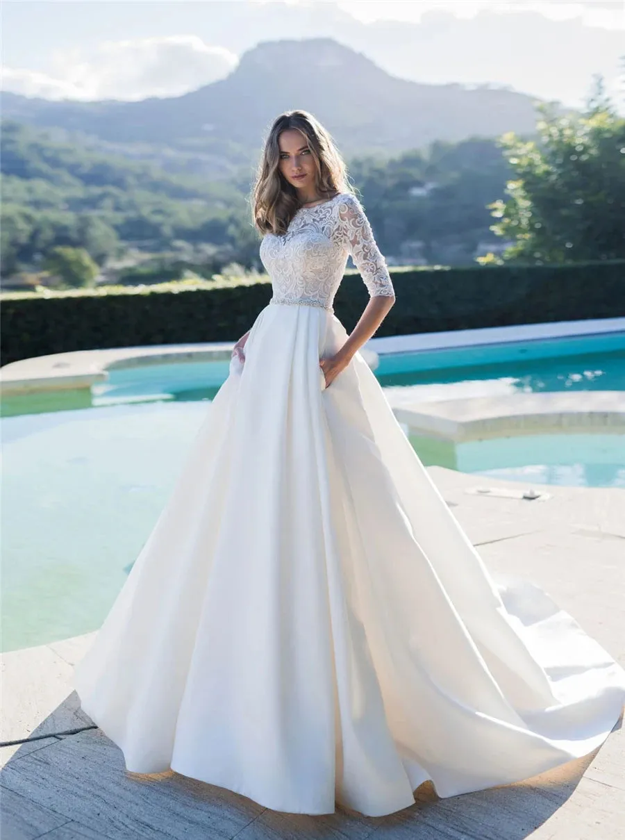 Wedding Guest Dresses: A-Line Wedding Dresses Modest Satin Bridal Gowns Garden