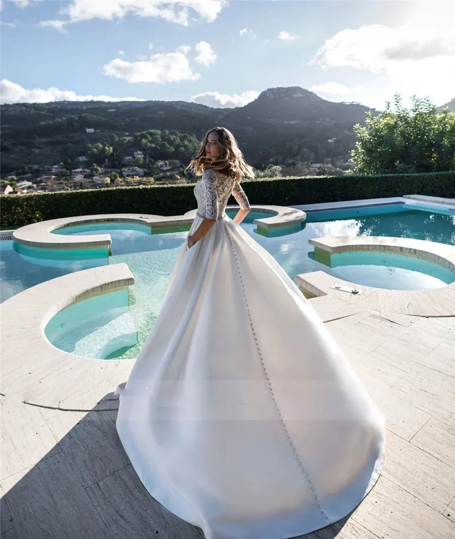 Wedding Guest Dresses: A-Line Wedding Dresses Modest Satin Bridal Gowns Garden