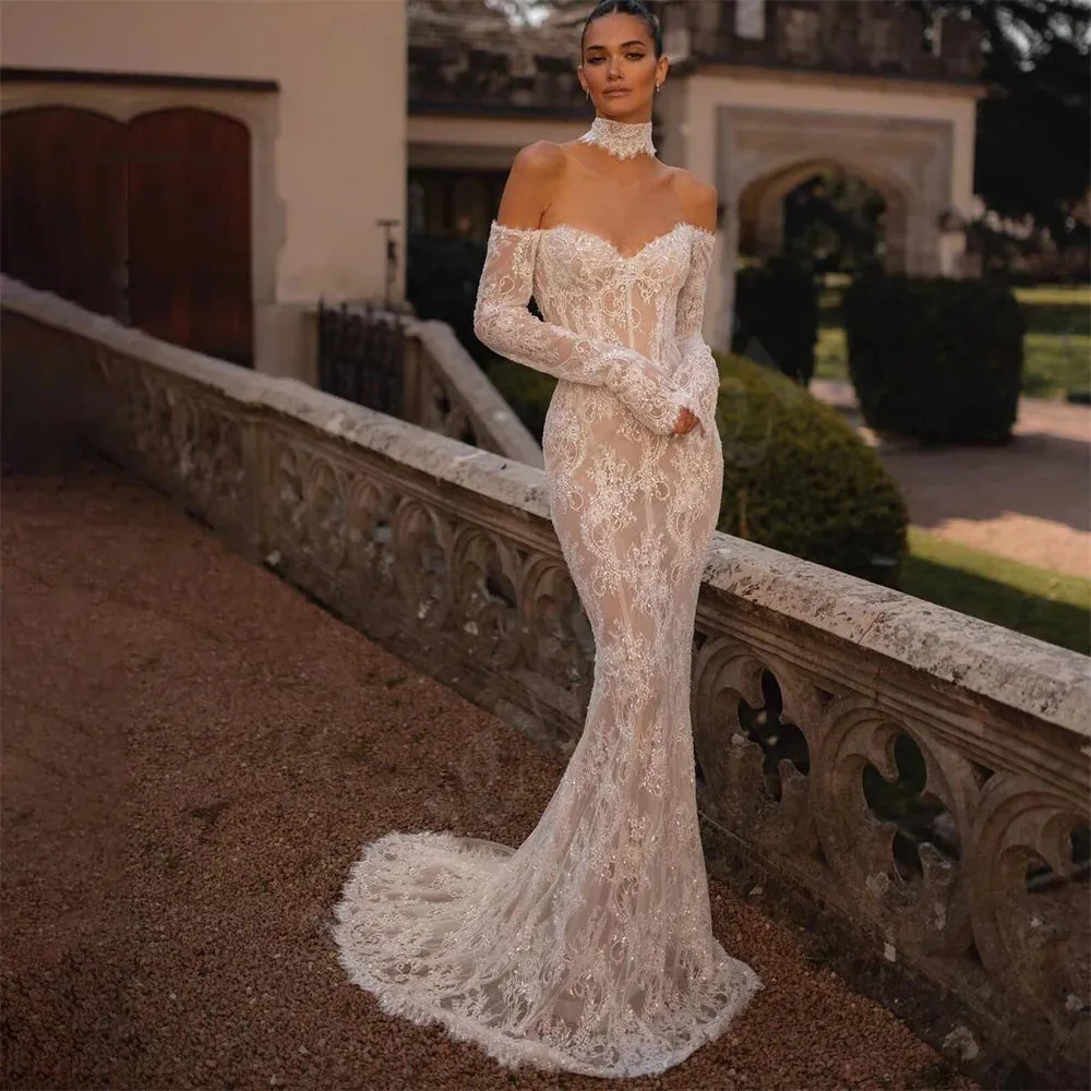 Wedding Guest Dresses: Charming Mermaid Lace Wedding Dresses With Long Sleeves