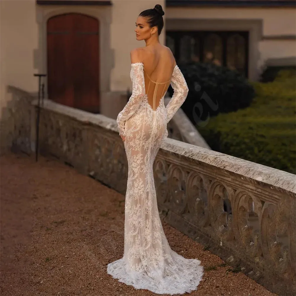Wedding Guest Dresses: Charming Mermaid Lace Wedding Dresses With Long Sleeves