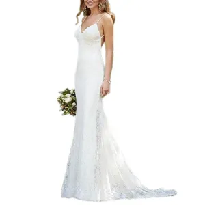 Wedding Guest Dresses: Thin Strap Wedding Dress Sexy Backless Bridal Dress Lace