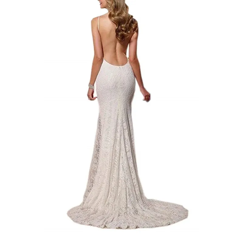 Wedding Guest Dresses: Thin Strap Wedding Dress Sexy Backless Bridal Dress Lace