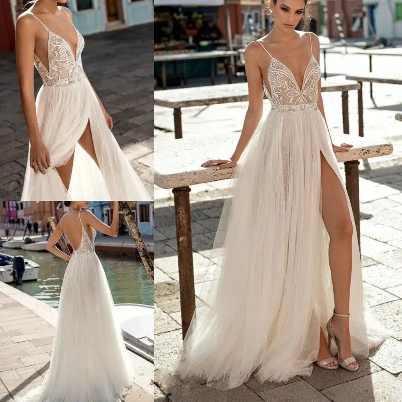 Wedding Guest Dresses: Wedding Dresses Boho Side Split Spaghetti Illusion Boho