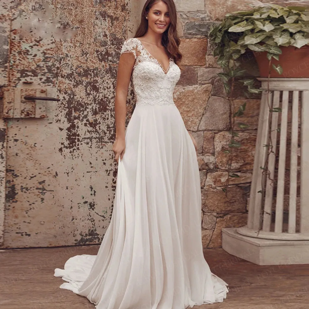 Wedding Guest Dresses: Wedding Dresses With Cap Sleeve V-Neck Lace