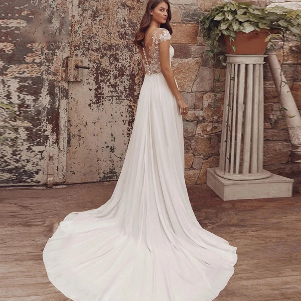 Wedding Guest Dresses: Wedding Dresses With Cap Sleeve V-Neck Lace