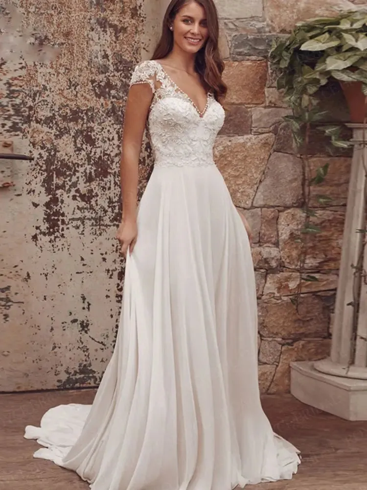 Wedding Guest Dresses: Wedding Dresses With Cap Sleeve V-Neck Lace