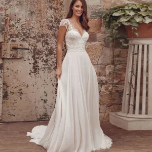 Wedding Guest Dresses: Wedding Dresses With Cap Sleeve V-Neck Lace
