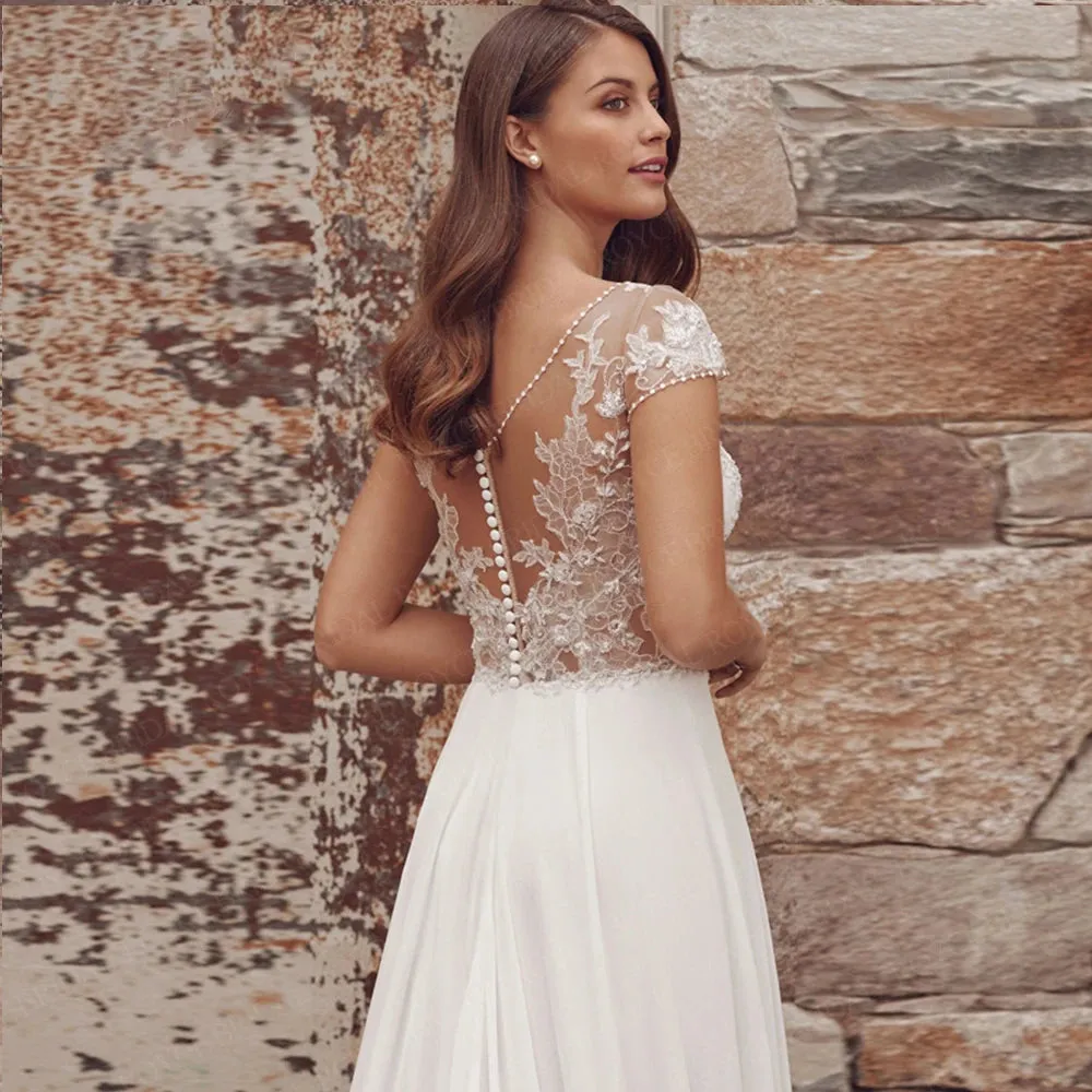 Wedding Guest Dresses: Wedding Dresses With Cap Sleeve V-Neck Lace