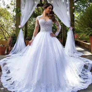 Wedding Guest Dresses: Women Long Train Wedding Dress Lace Appliques Illusion
