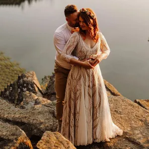 Wedding Guest Dresses:Boho A Line Wedding Dress Hippie Lace Custom Made V Neck
