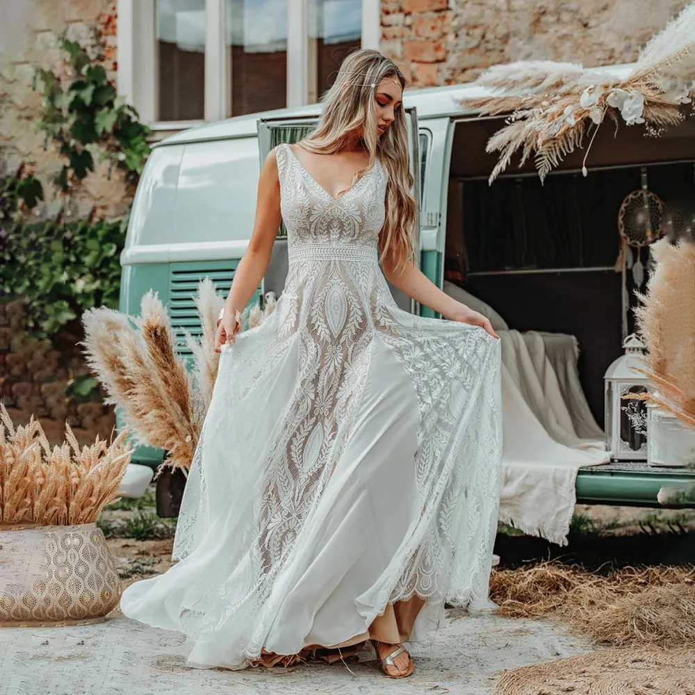 Wedding Guest Dresses:Boho A Line Wedding Dress Hippie Lace Custom Made V Neck