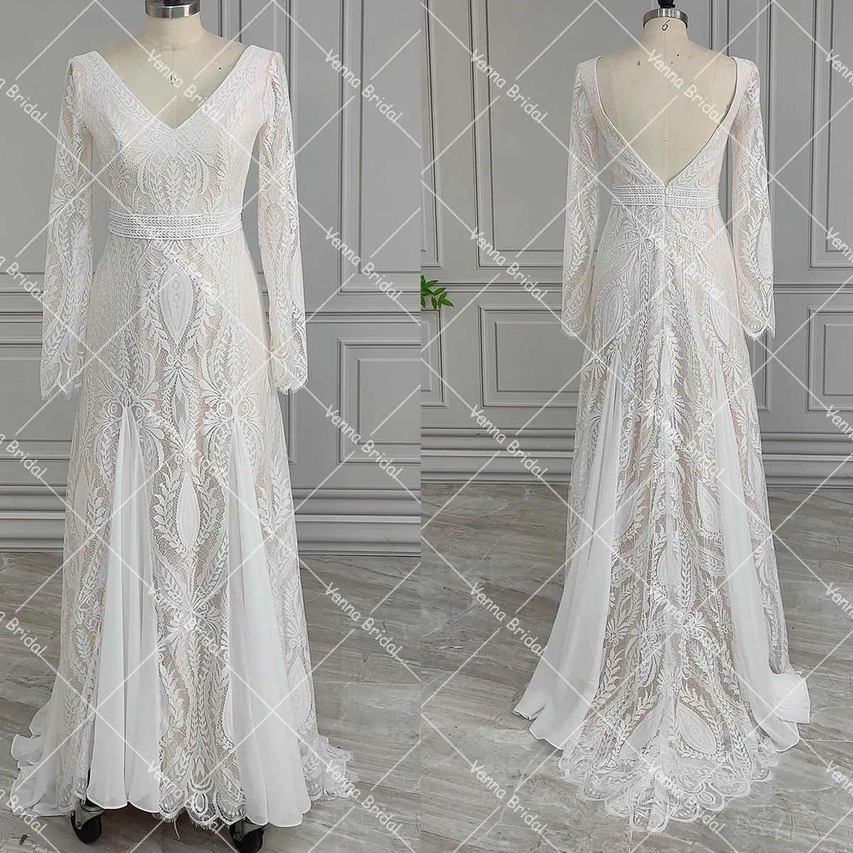 Wedding Guest Dresses:Boho A Line Wedding Dress Hippie Lace Custom Made V Neck