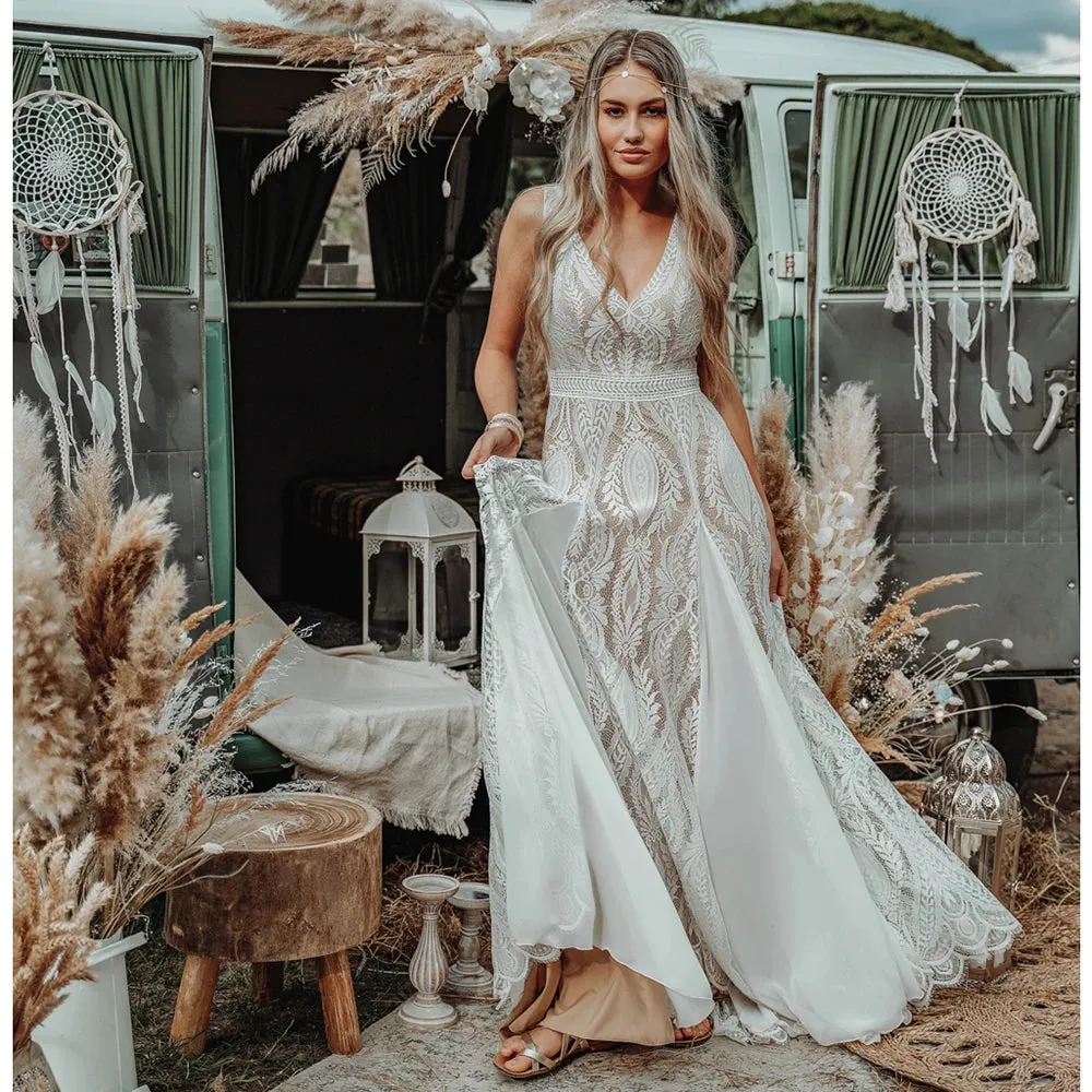 Wedding Guest Dresses:Boho A Line Wedding Dress Hippie Lace Custom Made V Neck