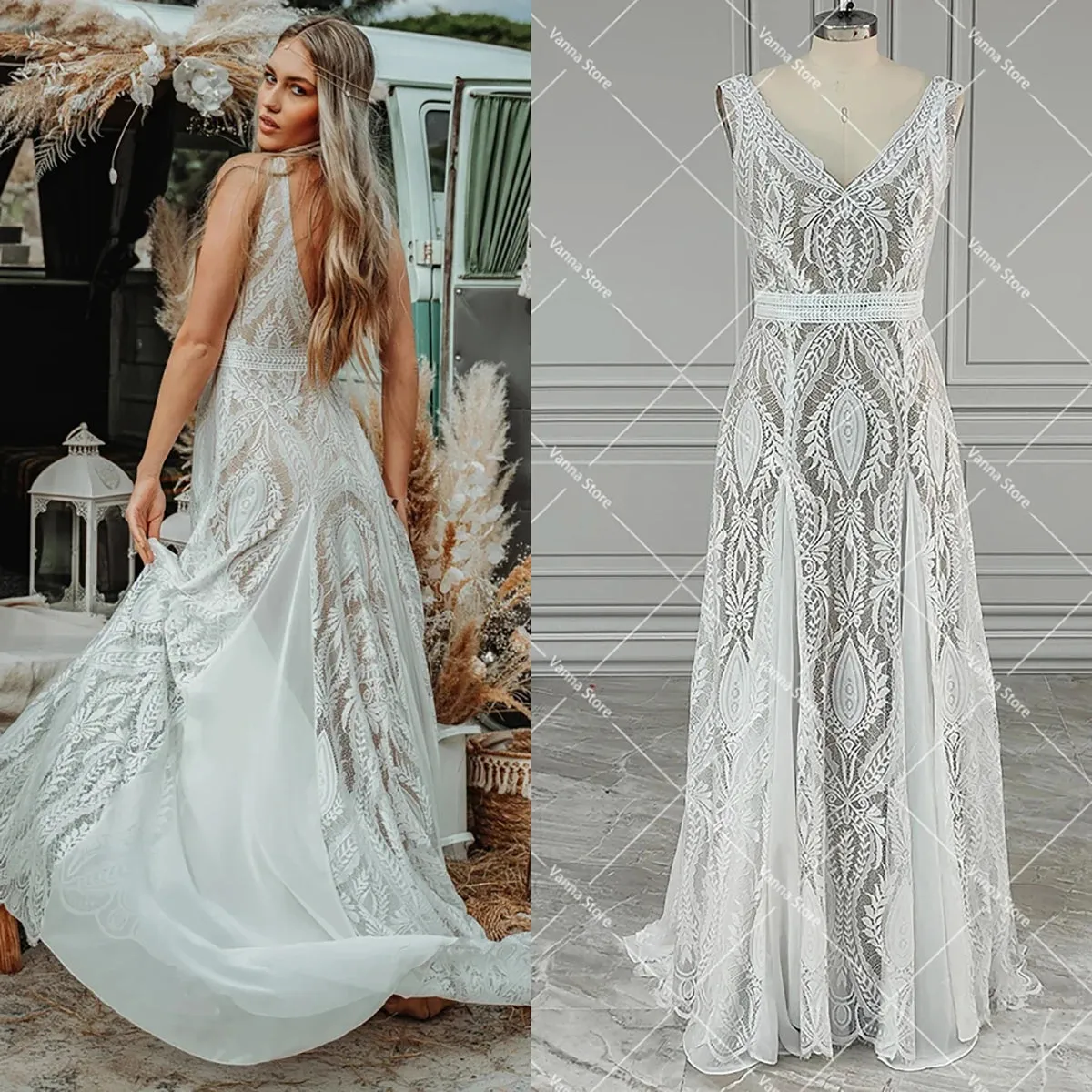 Wedding Guest Dresses:Boho A Line Wedding Dress Hippie Lace Custom Made V Neck