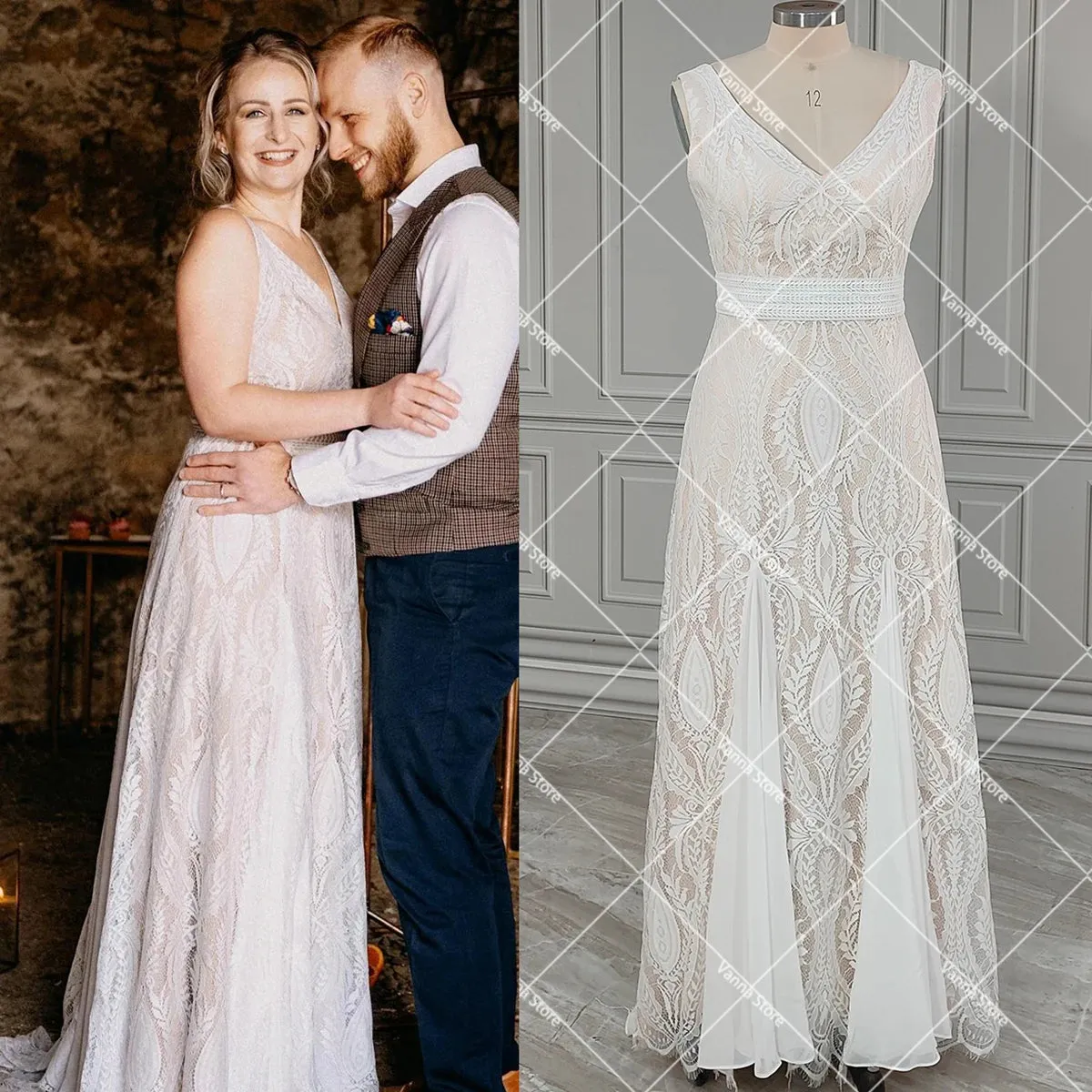 Wedding Guest Dresses:Boho A Line Wedding Dress Hippie Lace Custom Made V Neck