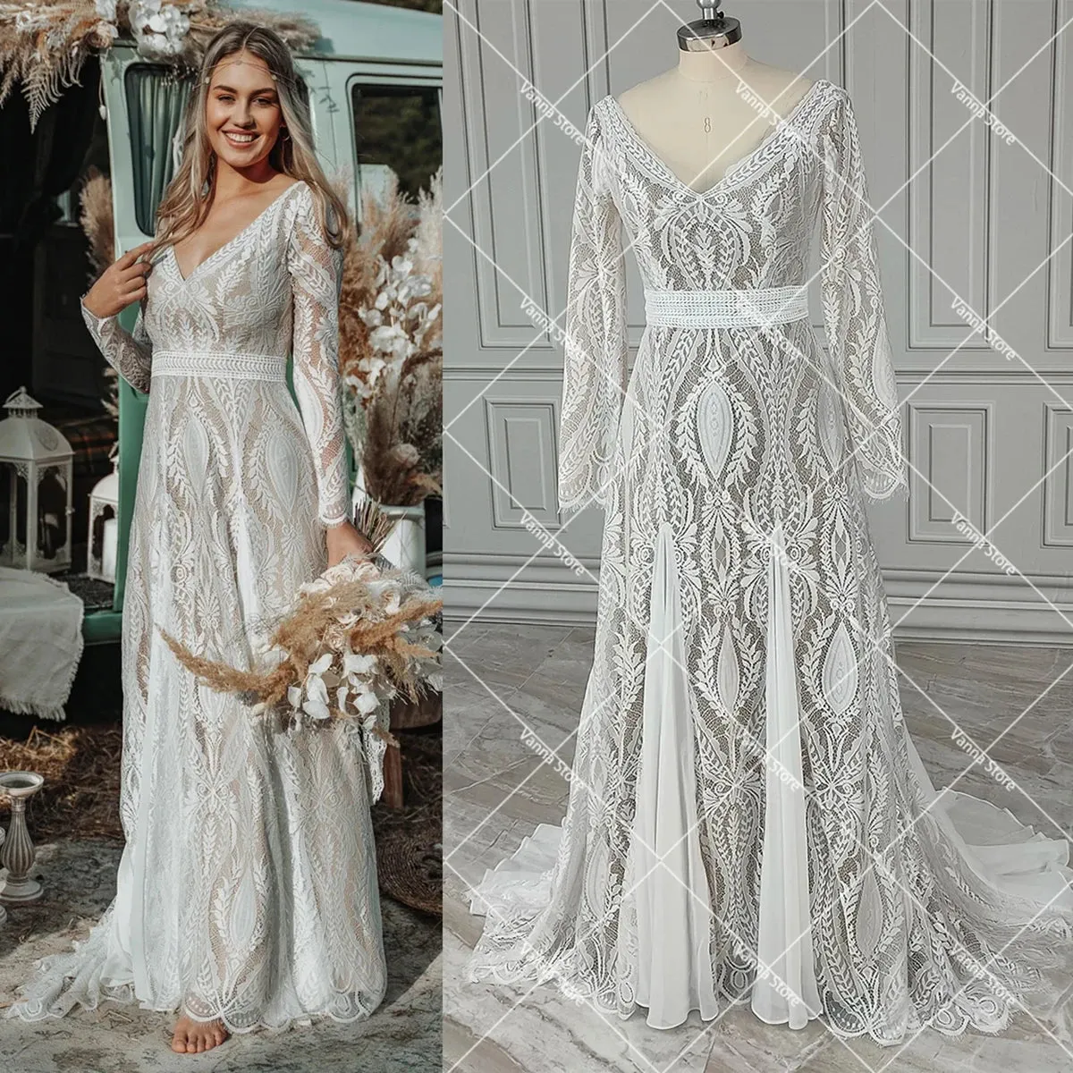 Wedding Guest Dresses:Boho A Line Wedding Dress Hippie Lace Custom Made V Neck