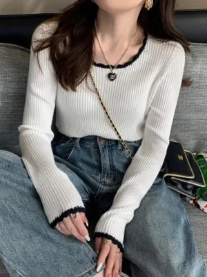 White Contrast Scallop Rib Top