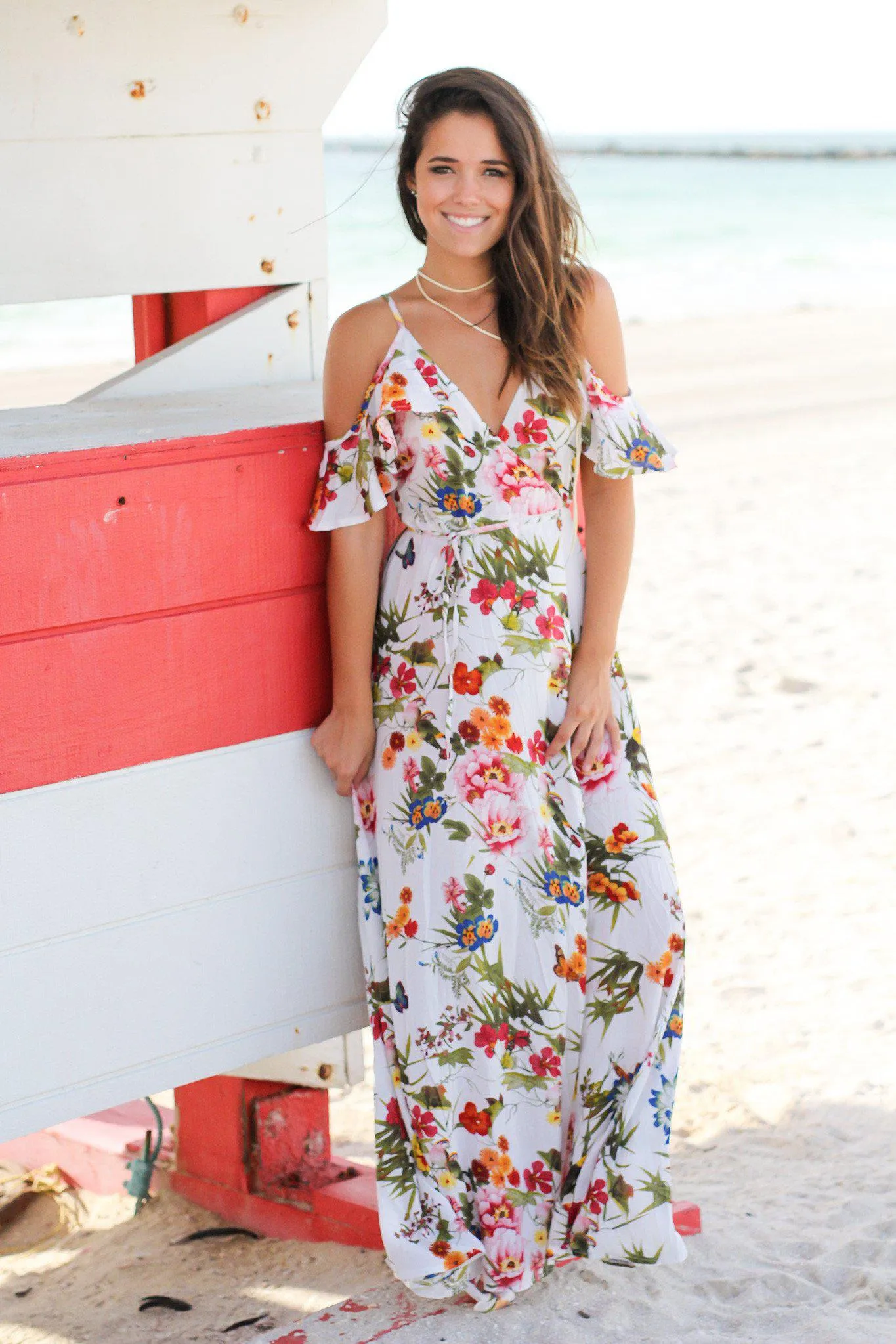 White Floral Wrap Maxi Dress with Ruffled Sleeves