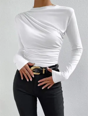 White High Neck Side Ruched Top