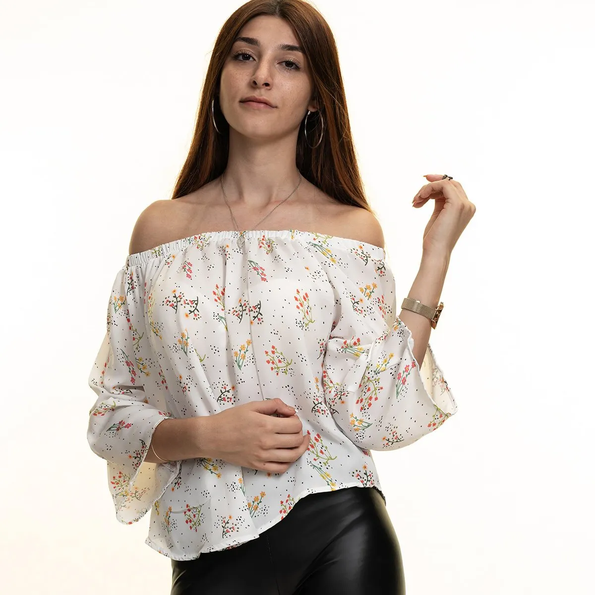 White Long Sleeve Off the Shoulder Blouse for Women - Going Out Floral Tops for Ladies