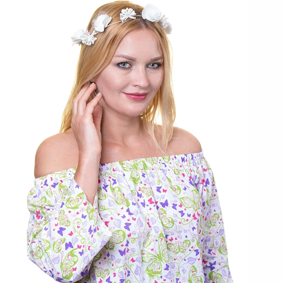 White Multicolor Long Sleeve Off the Shoulder Blouse for Women - Going Out Butterfly Tops for Ladies