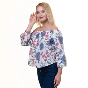 White Multicolor Long Sleeve Off the Shoulder Blouse for Women - Going Out Flower Tops for Ladies