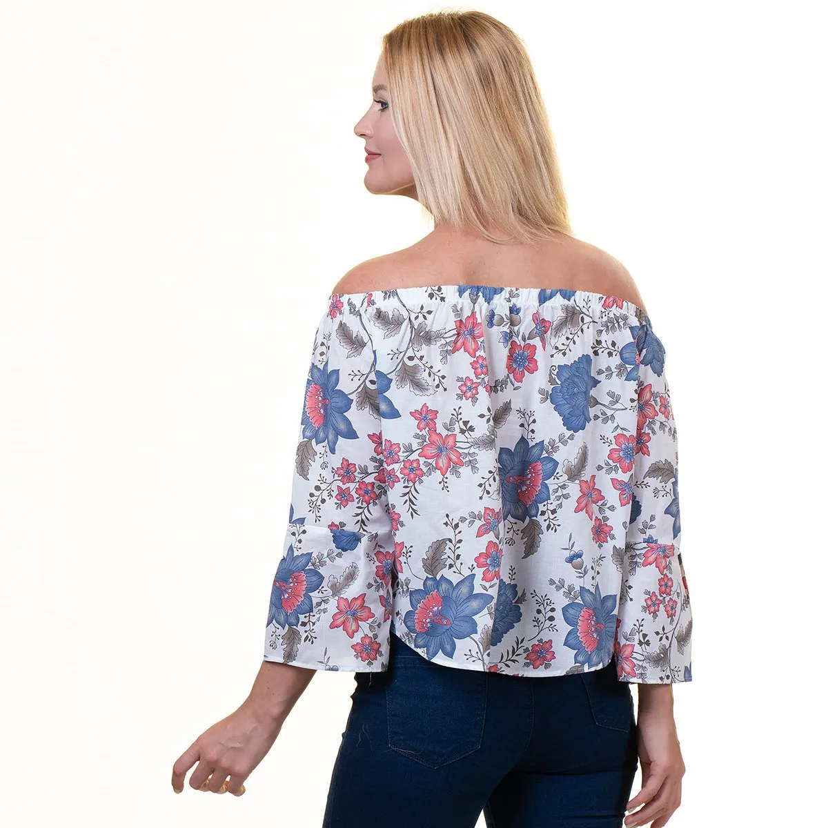 White Multicolor Long Sleeve Off the Shoulder Blouse for Women - Going Out Flower Tops for Ladies