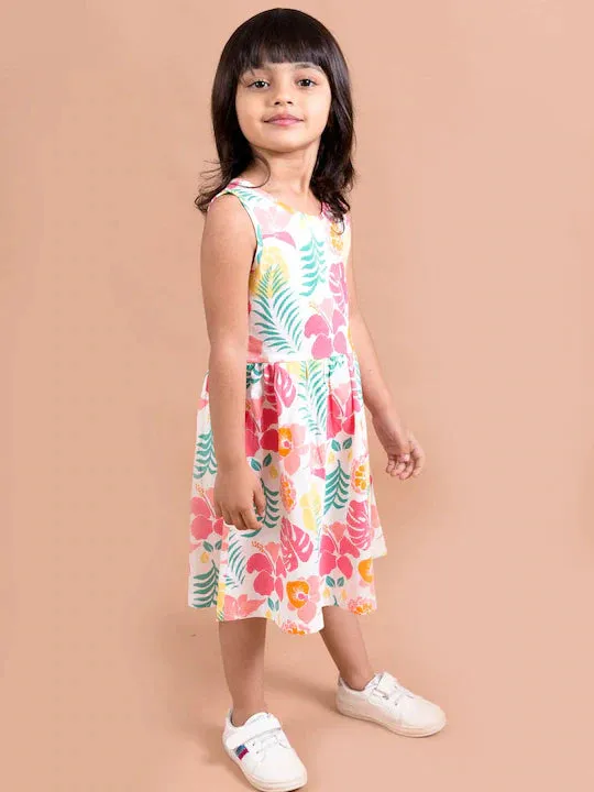 White Pink Floral A-Line Midi Dress